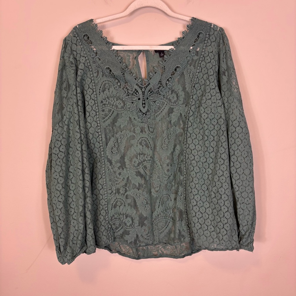 Torrid Green Sheer Lace Long Sleeve Blouse Top 1X